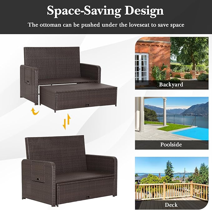 LDAILY Moccha Outdoor Daybed, Wicker Loveseat Sofa Set - Image 4