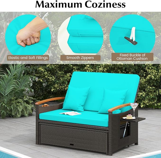 Moccha Outdoor Wicker Daybed, Patio Rattan Loveseat Sofa w/ 4-Level Adjustable - Image 7