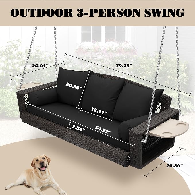 3-Person Hanging Porch Swing, Outdoor Wicker Chair, 76inch Bench - Image 7