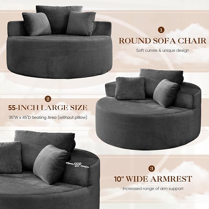 Antetek Oversized Round Chaise Longue Chair Indoor, Modern 55-inch Upholstered - Image 5