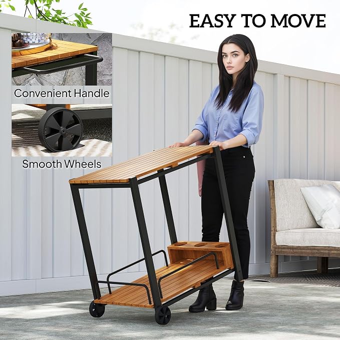 Outsunny Acacia Wood Outdoor Bar Cart, Rolling 2-Tier Outdoor Bar Table - Image 4