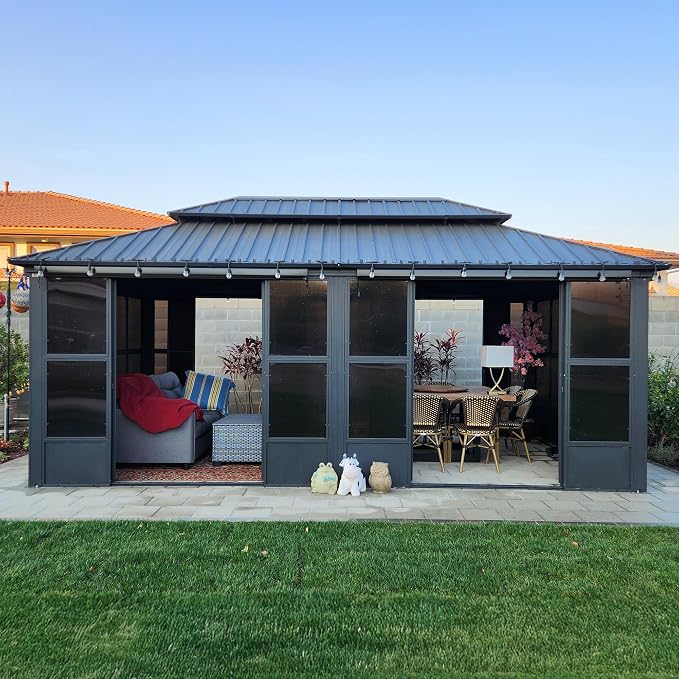 PURPLE LEAF 12' X 20' Solarium Permanent Hardtop Gazebo Galvanized Steel Double by PURPLELEAF