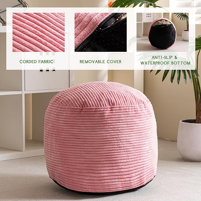 HIGOGOGO Round Stuffed Pouf Ottoman, Corduroy Poufs - Image 3