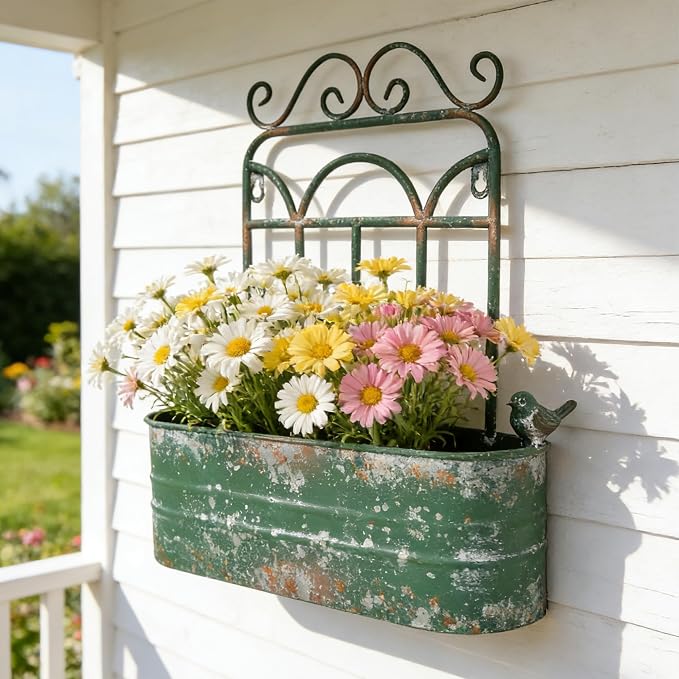 Rustic Metal Wall Planter Vintage Wall Mounted Flower Pot Distressed Wall - Image 6