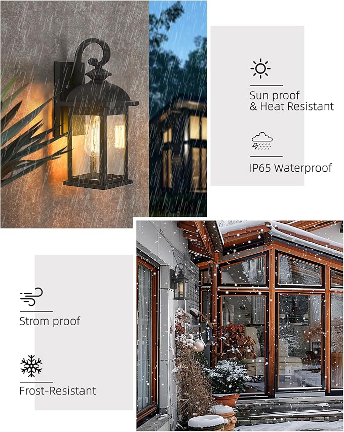 FEMILA Outdoor Wall Sconce, 14.9" Matte Black Seeded Glass Outdoor Sconce Lights - Image 6