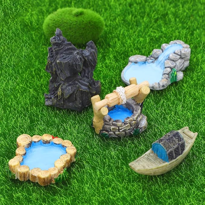 ONEST 15 Pieces Garden Miniature Accessories Mini Bridge Lighthouse Well Pond - Image 4