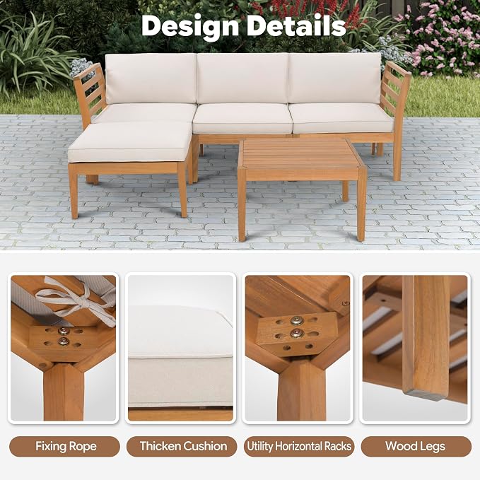 5-Piece Acacia Wood Patio Sectional Set, L-Shaped Outdoor Sofa Garden Couch - Image 6