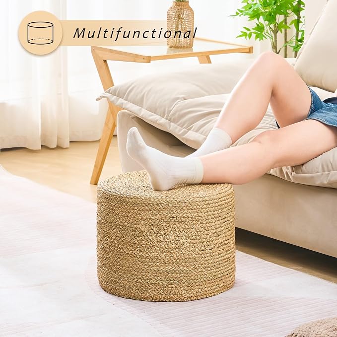 Handwoven Seagrass Ottoman Pouf, Round Outdoor Footstool - Image 2