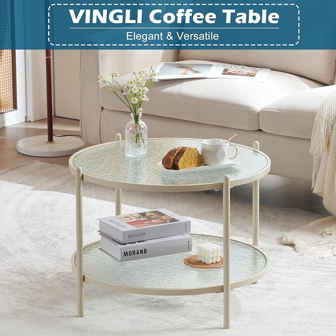VINGLI 25.6" Small Cream White Round Coffee Table Water-Wave Glass Circle Clear - Image 3