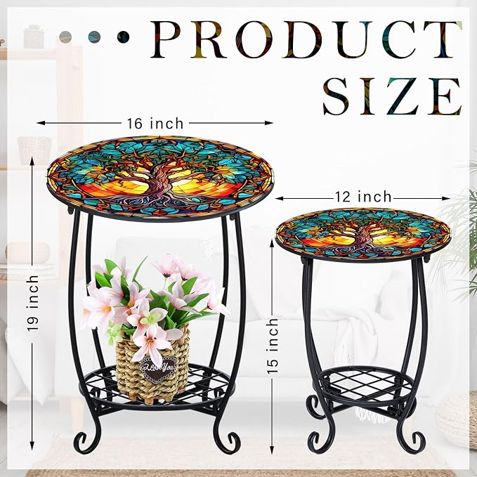 2 Pcs Outdoor Side Table Small Patio Round Mosaic Accent Indoor End Table Plant - Image 3