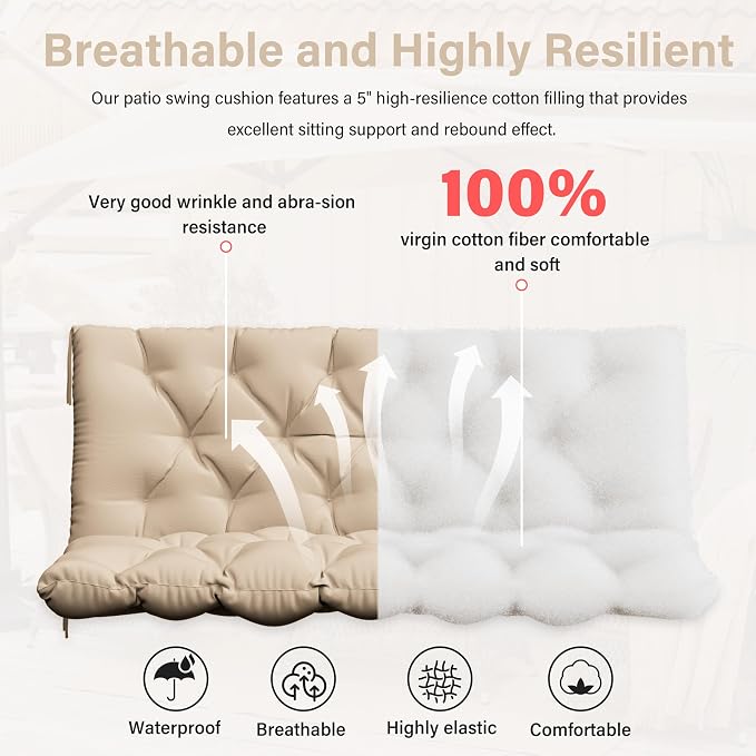 Porch Swing Cushion with Backrest, Waterproof Bench Cushion - Image 4