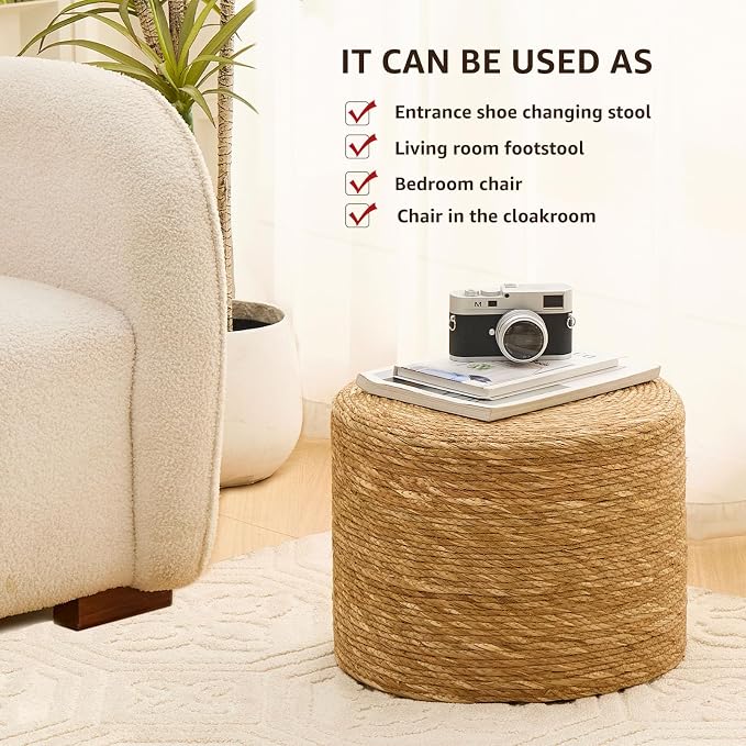 Wimarsbon Round Pouf Ottoman, Natural Hand Knitted Footrest Poof, Rustic Lounge - Image 5