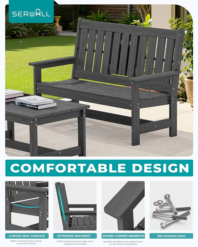 SERWALL Outdoor Bench with Cup Holder, All Weather Patio Benches with High - Image 5