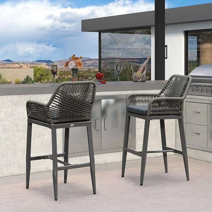 PURPLE LEAF Outdoor Wicker 29" Bar Stools Set of 2, Boho Patio Bar Height Chair - Image 7