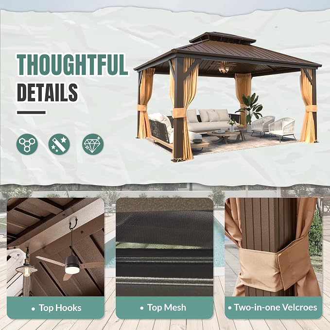 MELLCOM 10' x 12' Gazebo, Hardtop Double Roof Gazebo - Image 6