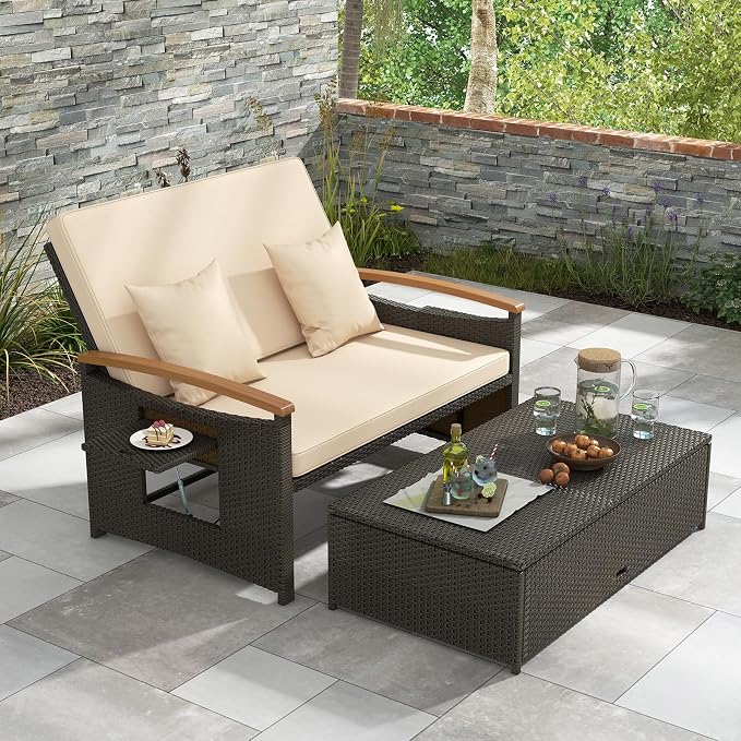 COSTWAY Patio Rattan Daybed, Outdoor Loveseat Sofa - Image 4