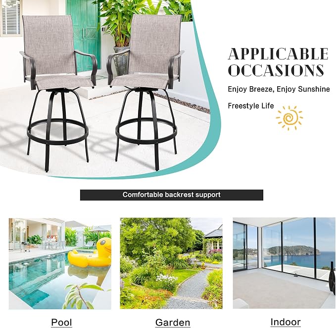 Vongrasig 2 Piece Patio Swivel Bar Chairs, All Weather Metal Textile High - Image 7