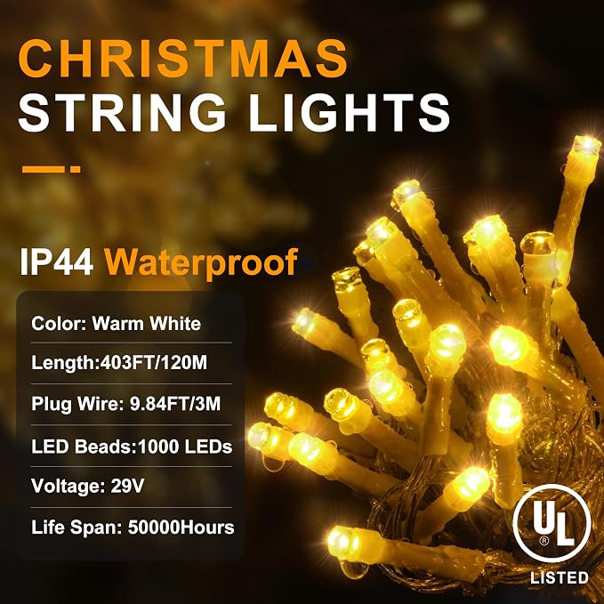 KNONEW 403ft 1000 LED Christmas String Lights Outdoor 8 Modes & Timer Fairy - Image 6