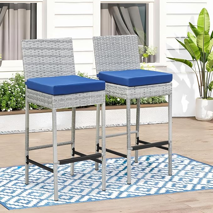 ECOTOUGE Outdoor Bar Stools, Wicker Woven Patio Stools & Patio Bar Chairs - Image 2