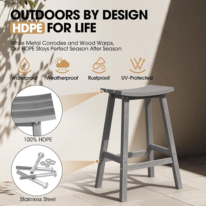 Ciokea 2 Set 29" Outdoor Bar Stools Heavy Duty HDPE Outdoor Stools Weatherproof - Image 4
