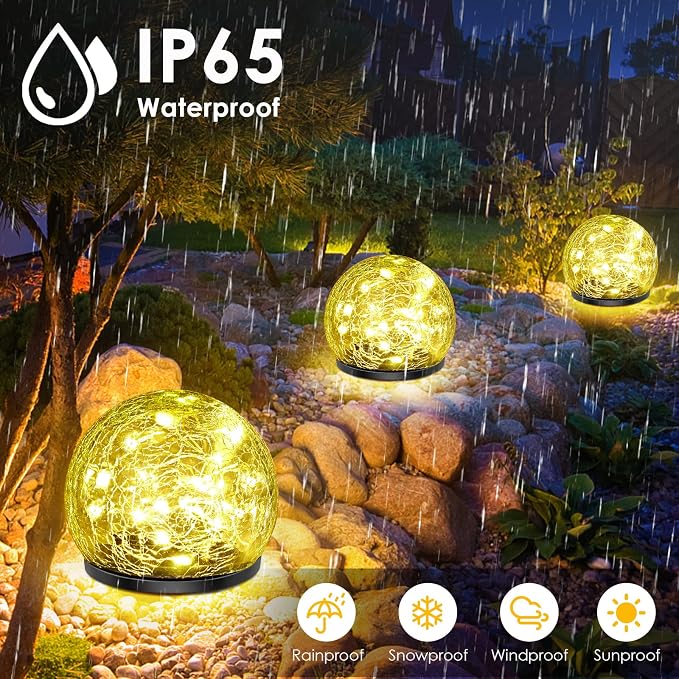 Solar Garden Lights, 2 Pack 60 LED Cracked Glass Solar Globe Lights Outdoor - Image 3