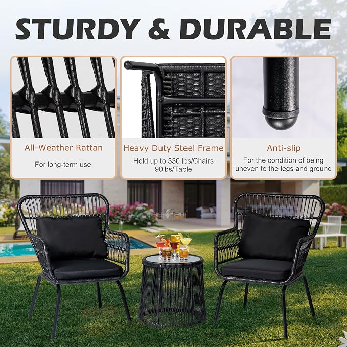 3 Piece Outdoor Wicker Furniture Bistro Set, Rattan Chairs Conversation Sets - Image 2