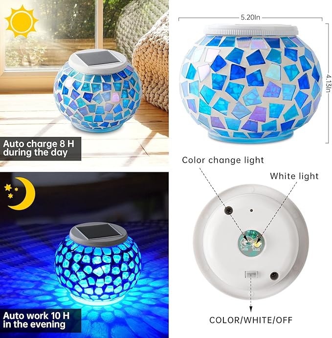Color Changing Solar Powered Glass Mosaic Ball Led Garden Lights Rechargeable - Image 3