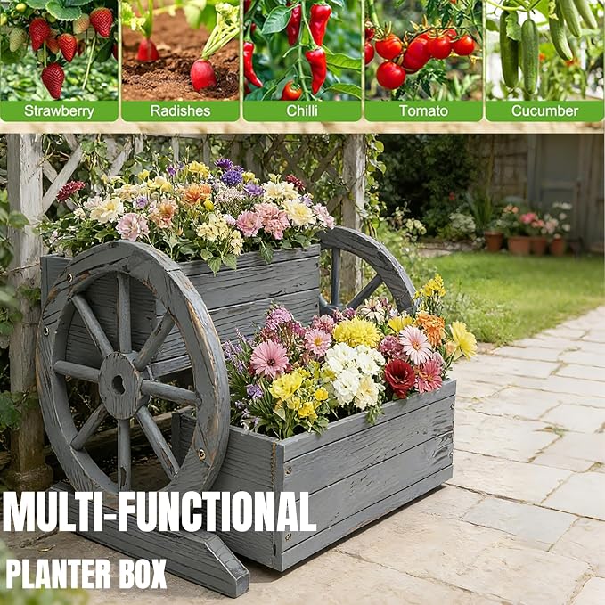 NestNature Wooden Wagon Planter Box, Raised Garden Bed, Decorative Garden - Image 3