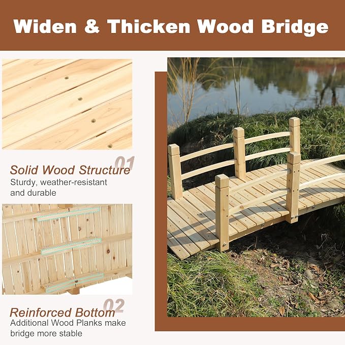 HOMEDIARY 5 FT Fir Wood Garden Bridge, Outdoor Classic Wood Arc Footbridge - Image 5