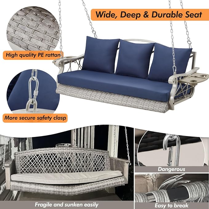 Heavy Duty 900 LBS Porch Swing Chair 3-Person Outdoor Rattan Patio Swing Lounge - Image 2