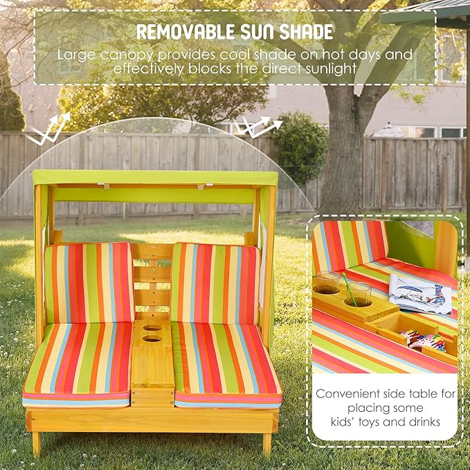 Costzon Kids Lounge Chair Outdoor, Wood Double Seat Chaise Lounge - Image 3