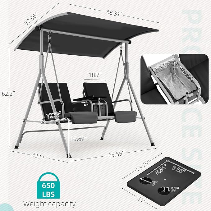 HOMREST 2 Seat Outdoor Porch Swing, Patio Swing - Image 5