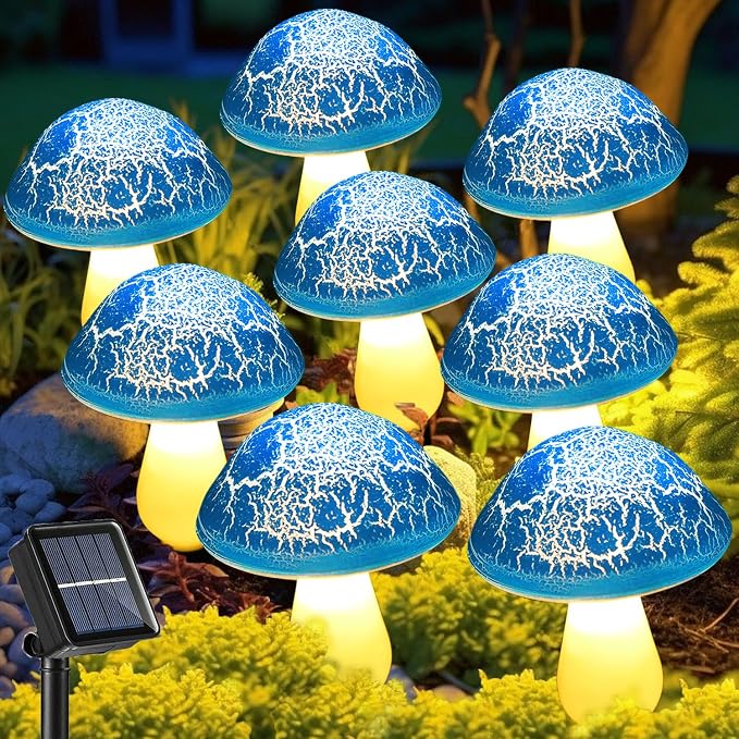 Solar Mushroom Lights Garden Decor 8 Blue Crack Mushrooms Outdoor Decor Stake by Viewpick