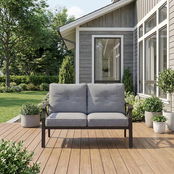 RoyalCraft Patio Loveseat, All-Weather Outdoor 2 Seats Sofa Couch, Khaki Metal - Image 6