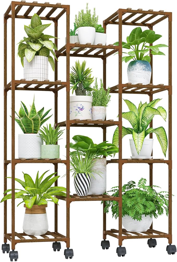 Bamworld Plant Stand With Wheels Indoor Outdoor Wood Plants Shelf by Bamworld