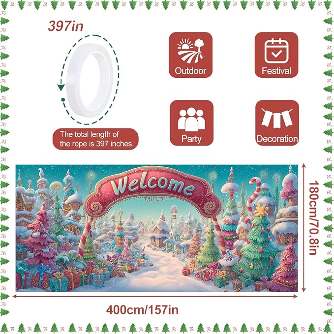 Welcome Christmas Town Garage Door Cover 6x13FT, Candy Land Style Winter - Image 4