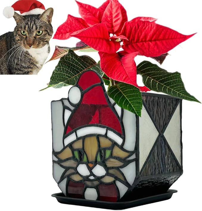 Stained Glass Christmas Cat Planter，Cute Planters by Entlityful