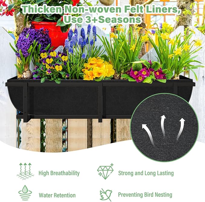 Riare 4 Pack 30 Inch Black Fabric Window Box Liners- Felt Square Trough Planter - Image 3