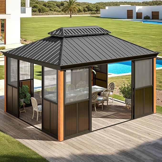 EROMMY 12' X 14' Hardtop Sunroom, Galvanized Steel Double Roof Gazebo Solarium by EROMMY