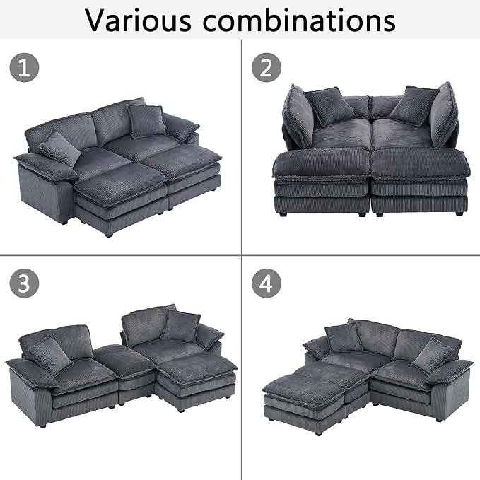 84.6” Corduroy Loveseat with Ottoman, Oversized Double Chaise Lounge Chair - Image 7