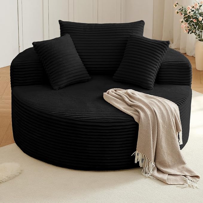 Oversized Round Chair Lounge Chaise Indoor, Upholstered Corduroy Deep Seat by Lakifun