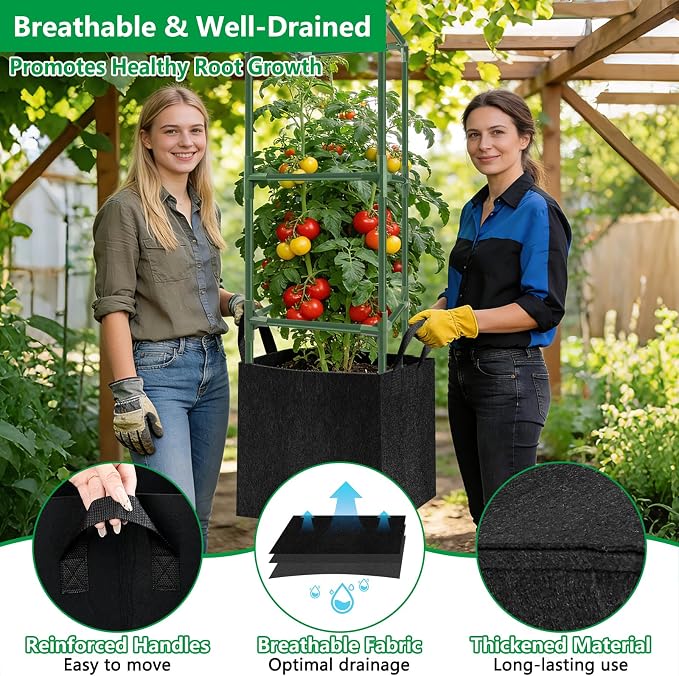 3 Set Square Tomato Cages with 18 Gallon Grow Bags, Plant Support Tower Stakes - Image 3