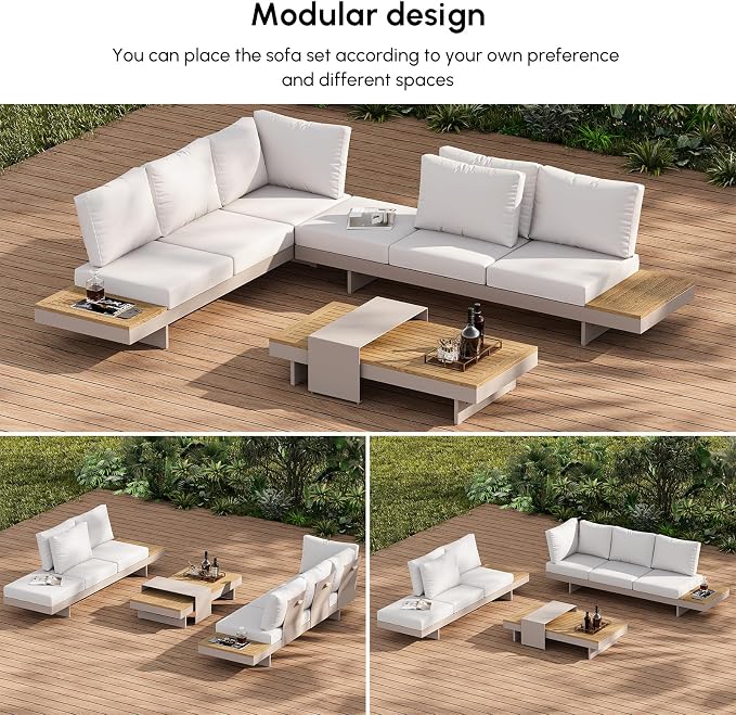 homary 6 Piece Aluminum & Teak Outdoor Sofa Set, Patio Sofa Seat L-Shaped - Image 4