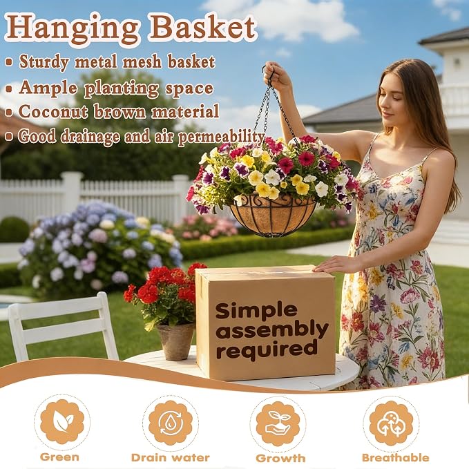 14 inch Metal Hanging Baskets For Plants Outdoor 4 Pack Round Metal Wire - Image 2