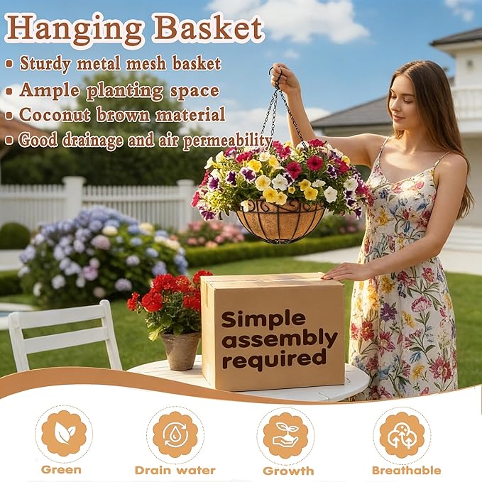 10 inch Metal Hanging Baskets For Plants Outdoor 4 Pack Round Metal Wire - Image 2