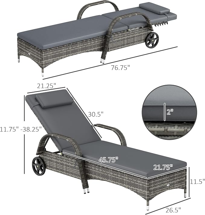 Outsunny Wicker Outdoor Chaise Lounge Set of 2, 5-Level Adjustable Backrest PE - Image 3