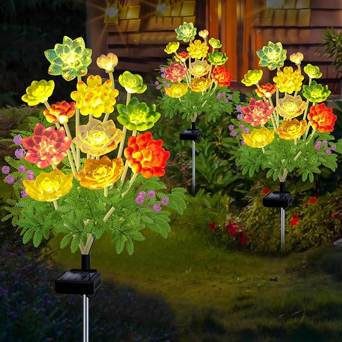 Solar Garden Lights Outdoor, 2 Pack Upgraded Succulent Solar Flowers Outside - Image 9