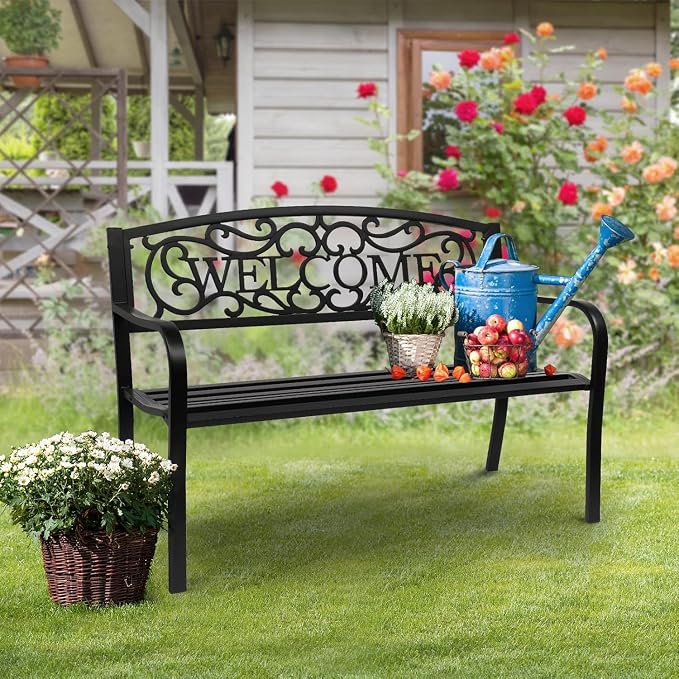 VINGLI Outdoor Bench with PVC Welcome Back Pattern, Rust-Resistant Metal Black - Image 6