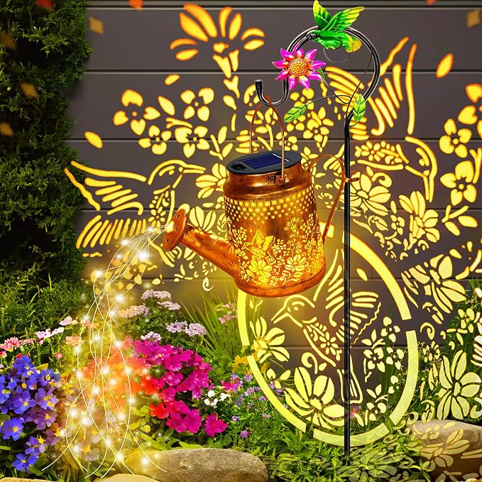 Solar Powered Hummingbird with Flowers Watering Can Lights Waterproof Outdoor by YJFWAL