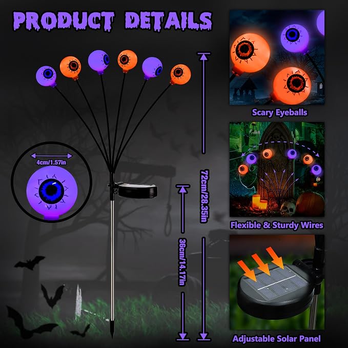 BrizLabs 6 Pack 36 LED Halloween Solar Eyeball Lights, 2 Modes Outdoor - Image 5